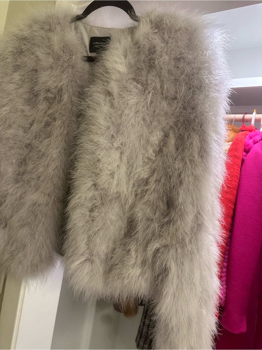 Lamarque Plush Light Gray Feathered Faux Fur Jacket